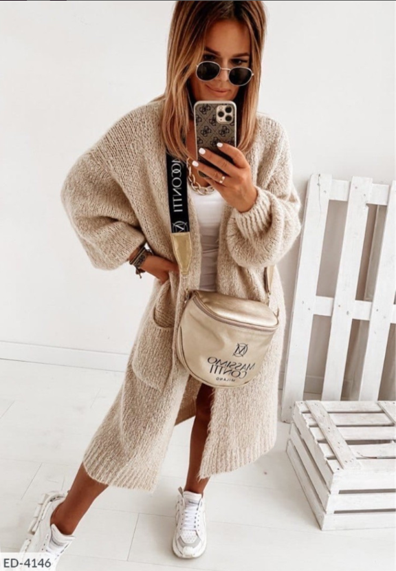 Women's long open-front cardigan in cozy knit, relaxed draped silhouette for effortless winter layering