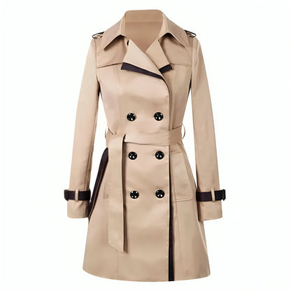 Women's beige double-breasted trench coat with black trim, tailored silhouette for polished city style