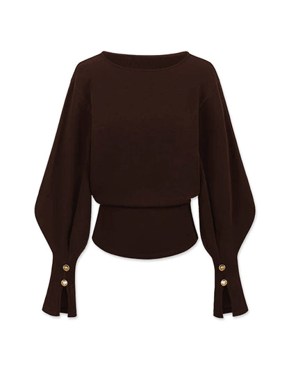 Gray bell sleeve cinched sweatshirt with flared cuffs and elastane stretch blend casual chic fit