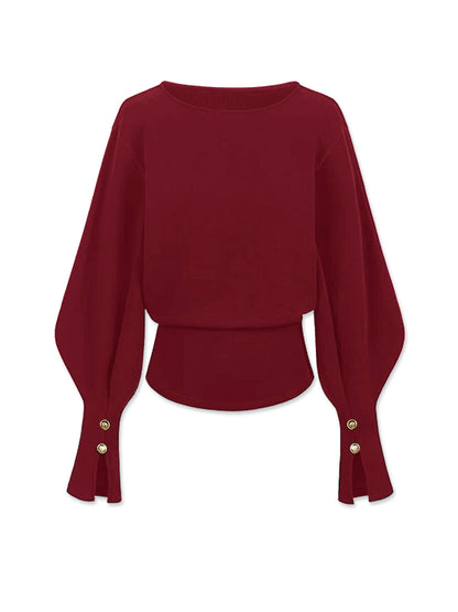 Gray bell sleeve cinched sweatshirt with flared cuffs and elastane stretch for a relaxed elegant fit