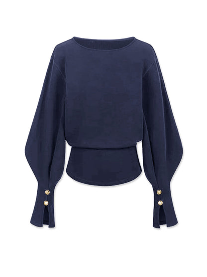 Gray cinched sweatshirt with dramatic bell sleeves, relaxed casual fit, and elastane stretch comfort