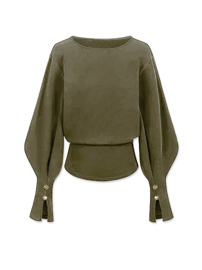 Gray bell sleeve cinched sweatshirt with flared cuffs and fitted waist for a modern casual look