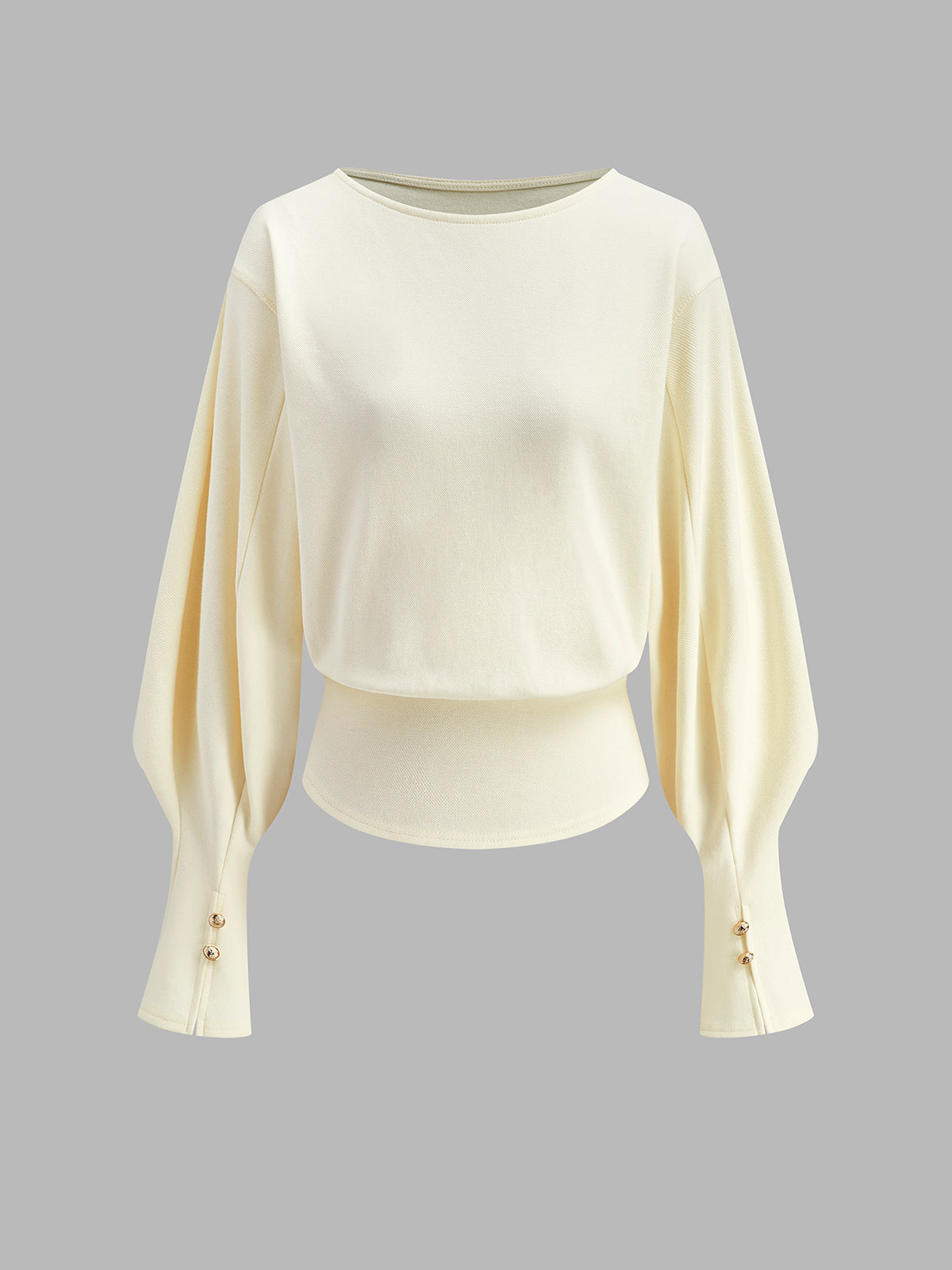 Gray bell sleeve cinched sweatshirt with fitted waist and flared cuffs for modern casual style