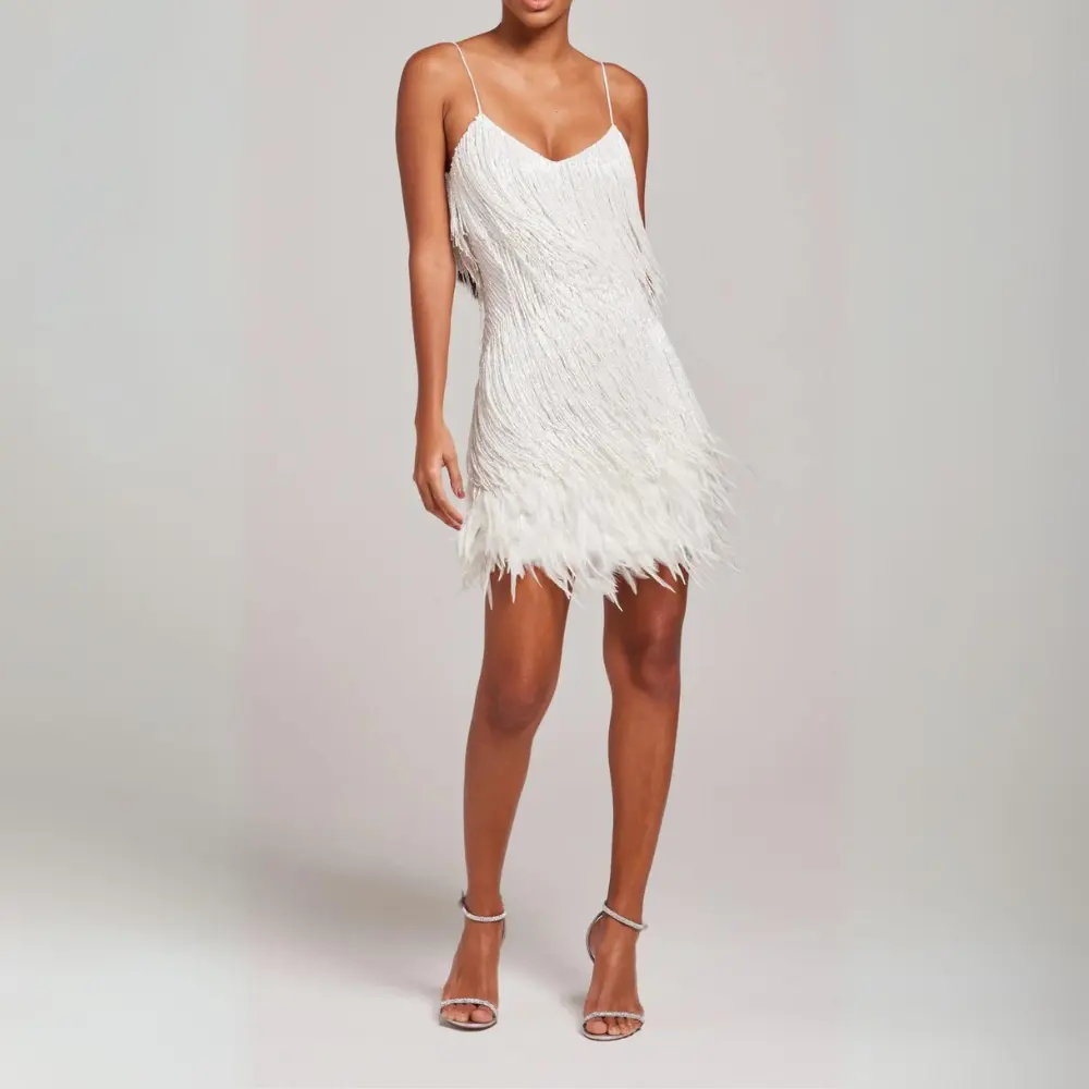 Pink mini dress with sequin fringe, feather trim, and body-skimming silhouette for a glamorous night out