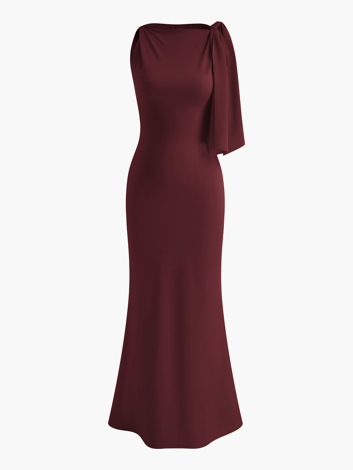 Sage green sleeveless maxi dress with knotted shoulder detail and sleek jersey drape for elegant occasions