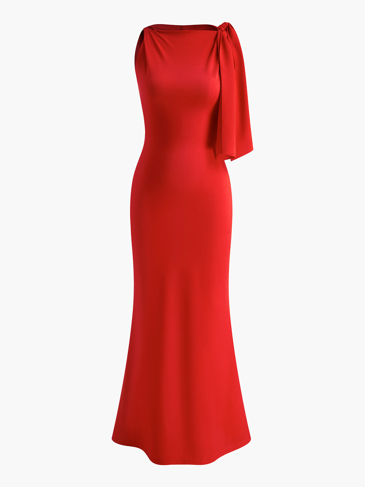 Elegant black sleeveless maxi dress with knotted shoulder detail, crew neck, smooth jersey drape
