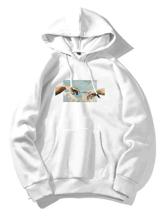 Men's gray graphic hoodie with classical art hands reaching chest print, soft fleece athleisure sweatshirt