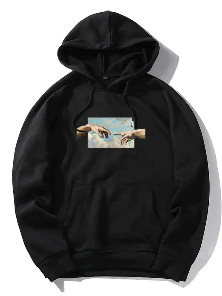 Men's gray fleece graphic hoodie with classical art hands print, relaxed fit everyday athleisure sweatshirt