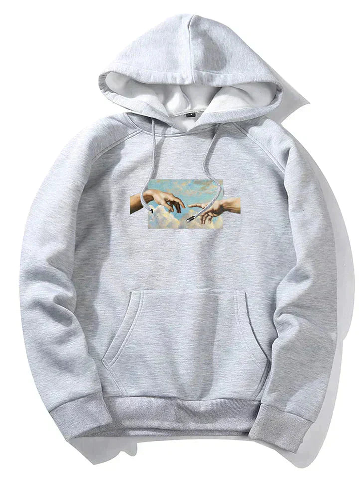 Men's gray fleece hoodie with classical art chest graphic featuring two reaching hands, cozy athleisure fit