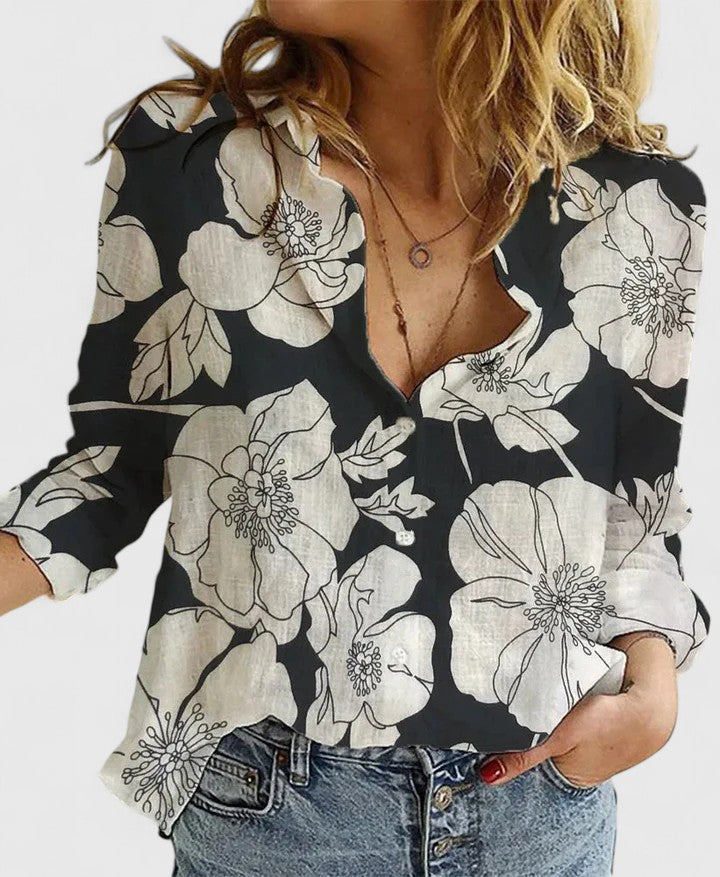 Women's relaxed linen button-down shirt with soft wavy lapel collar, effortlessly polished everyday style