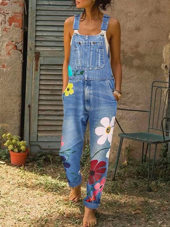 Women's sleeveless denim overalls ankle-length with adjustable straps and front bib pocket