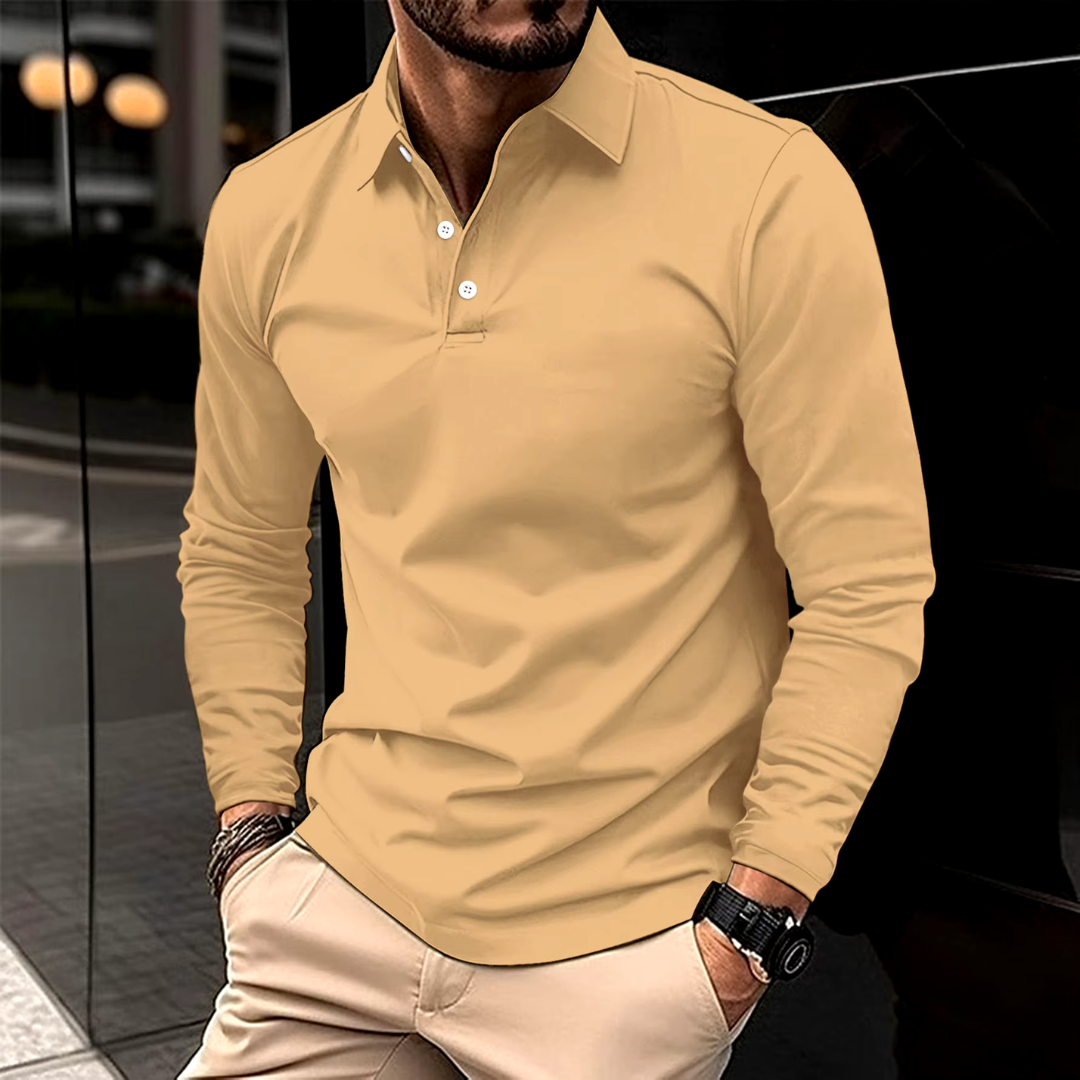 Men's slim fit long sleeve polo shirt breathable cotton casual semi-formal versatile all-season top