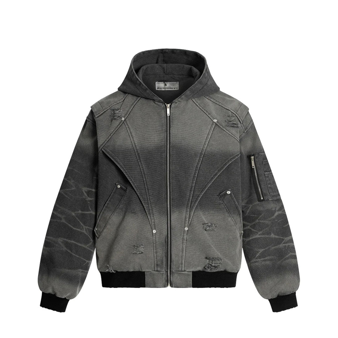 Faded cotton hooded jacket with paneled construction, distressed accents, zip pockets, regular fit