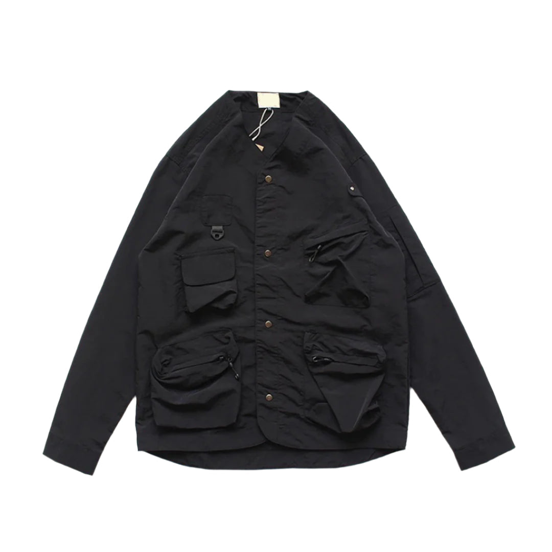 Olive green lightweight nylon field jacket shirt with regular fit and D-ring tab chest hardware
