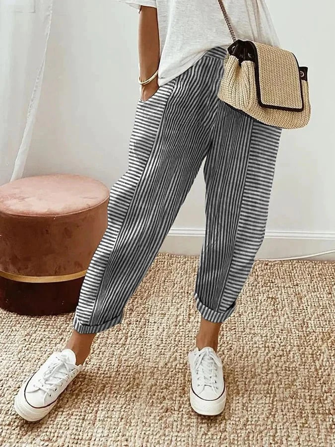 Striped relaxed-fit trousers with elastic waistband, effortless everyday style in multi-color stripe pattern