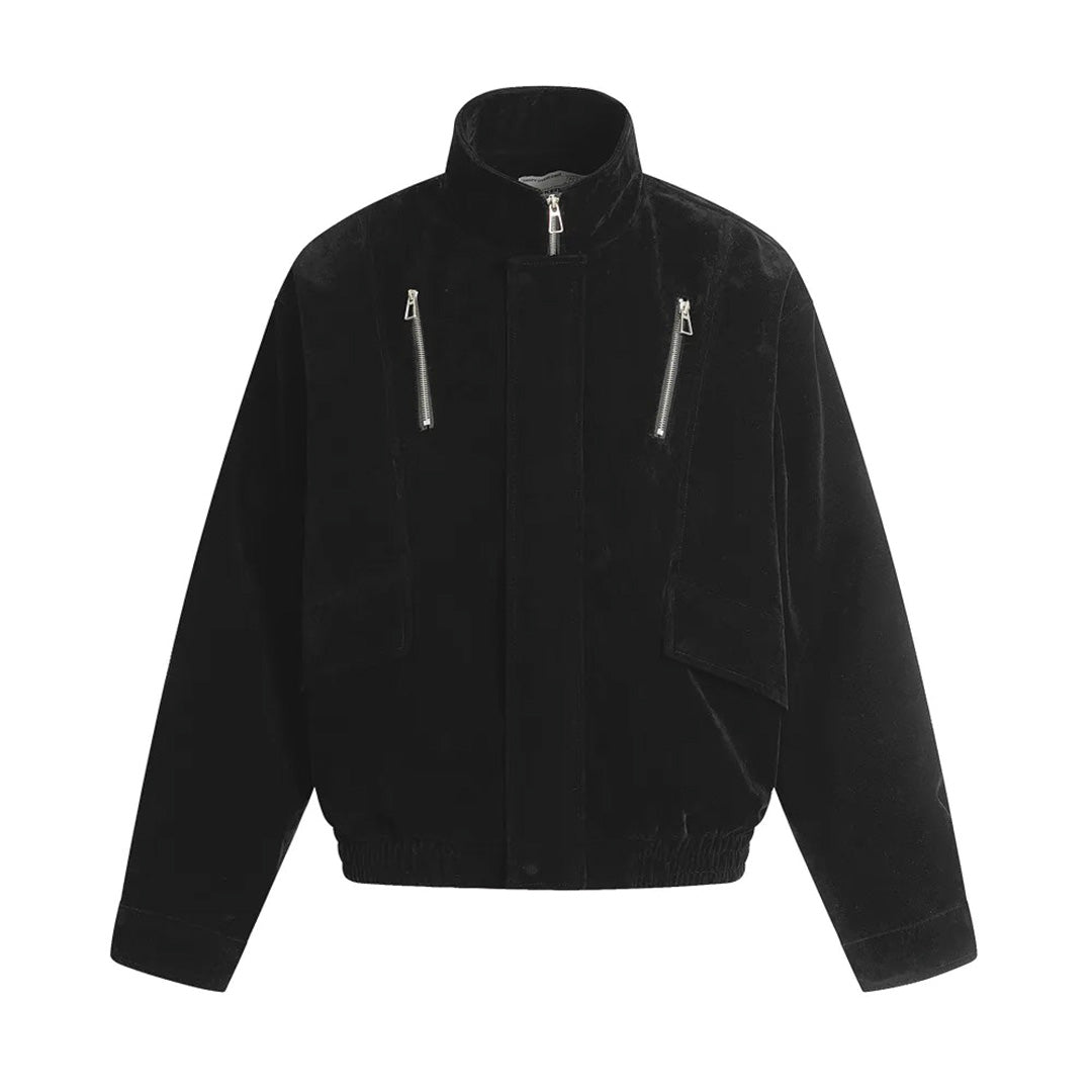 Relaxed-fit brushed fabric cargo jacket with vertical chest zipper pockets and ribbed hem
