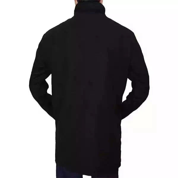 Men's black wool coat high neck stand collar tailored slim fit premium winter outerwear by Wavlynn