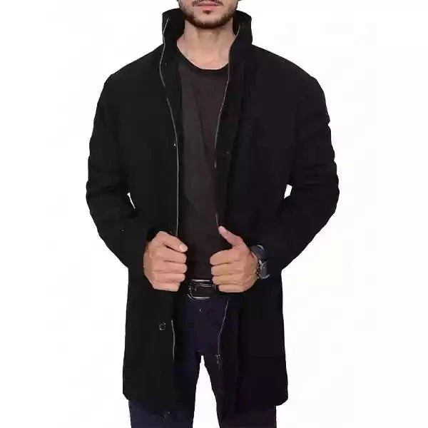 Men's black wool coat with high stand-up collar, tailored silhouette, and premium viscose-lined warmth
