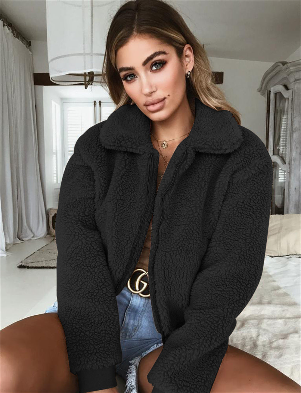Women's cropped fleece jacket cozy plush turn-down collar zip-front warm casual everyday layer