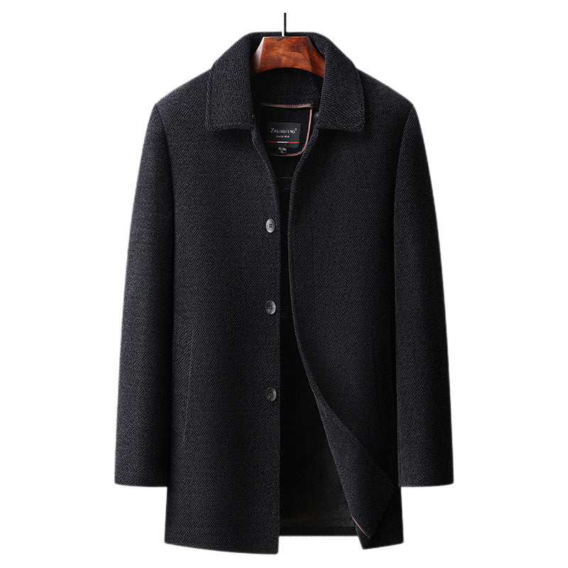 Men's black mid-length wool-blend coat single breasted classic collar tailored for modern professionals