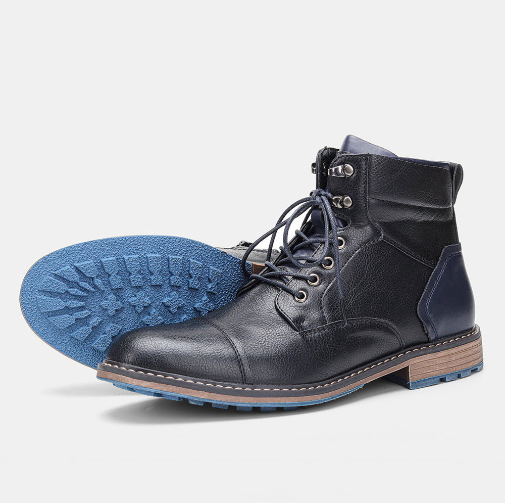 Men's brown cap toe boot weather-resistant synthetic leather with bold blue traction outsole