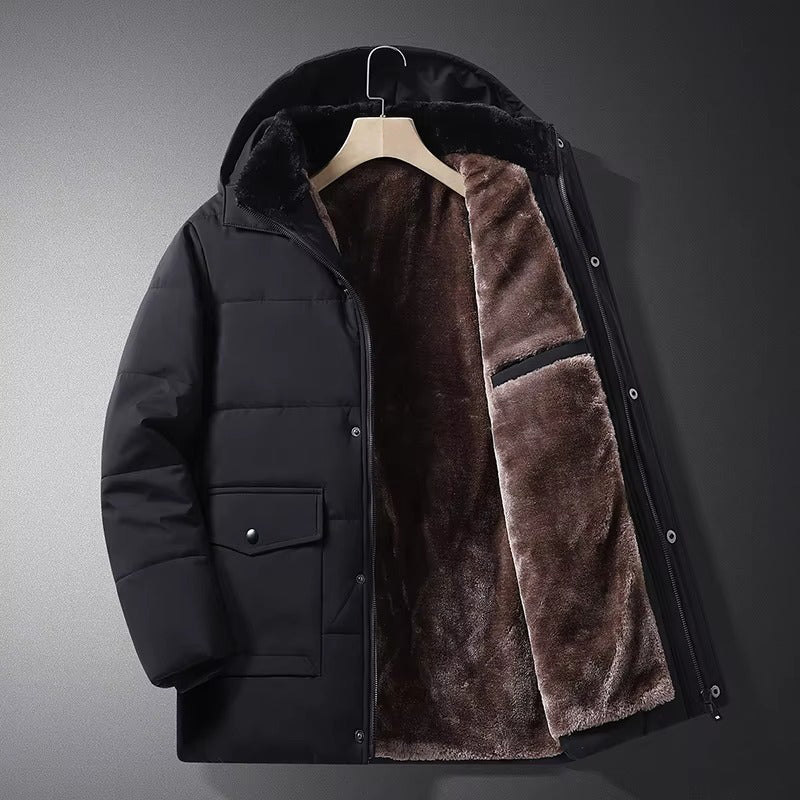 Hudson black fur-lined puffer jacket tailored fit with sporty patch pockets and matte finish