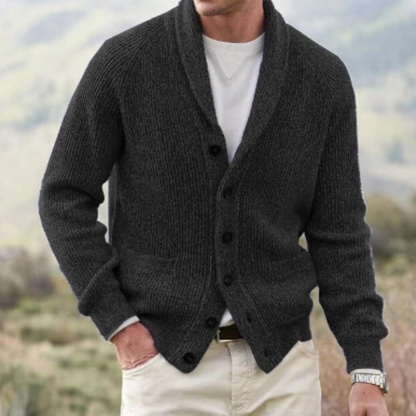 Men's shawl collar cardigan knit sweater with button closure, long sleeves, and front pockets