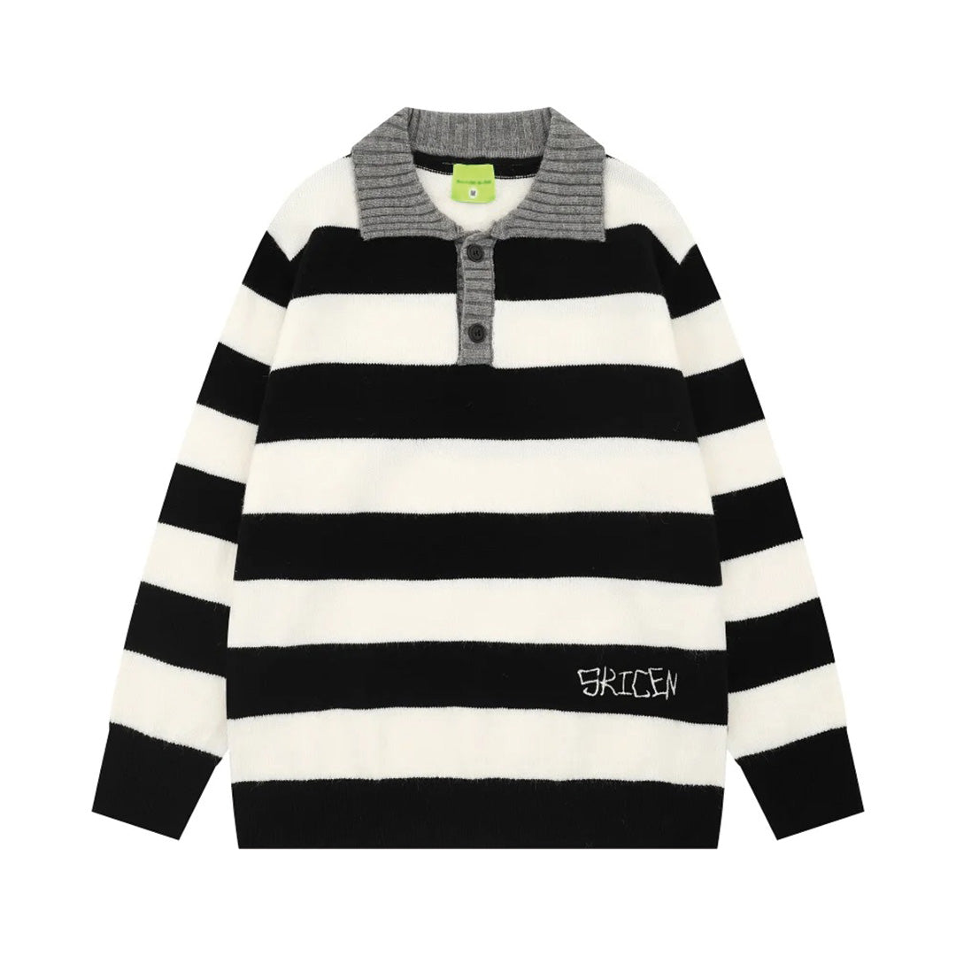 Loose-fit wool blend knit rugby shirt with turn-down collar and subversive stripe detailing