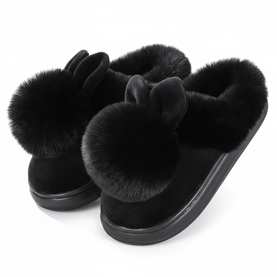 Women's ivory plush slip-on slippers with soft bunny ear fur trim, cozy fleece winter footwear