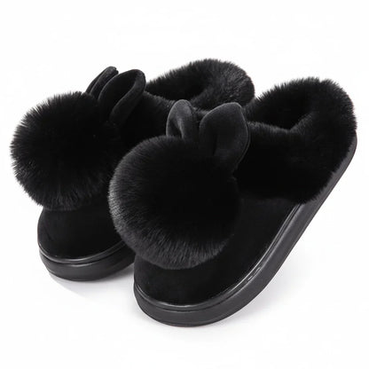 Women's ivory plush slip-on slippers with soft bunny ear fur trim, cozy fleece winter footwear