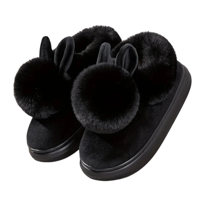 Women's ivory plush slip-on slippers with soft fur trim and playful bunny ear detail