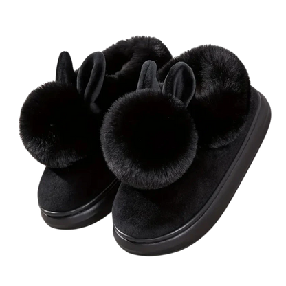 Women's ivory plush slip-on slippers with soft fur trim and playful bunny ear detail