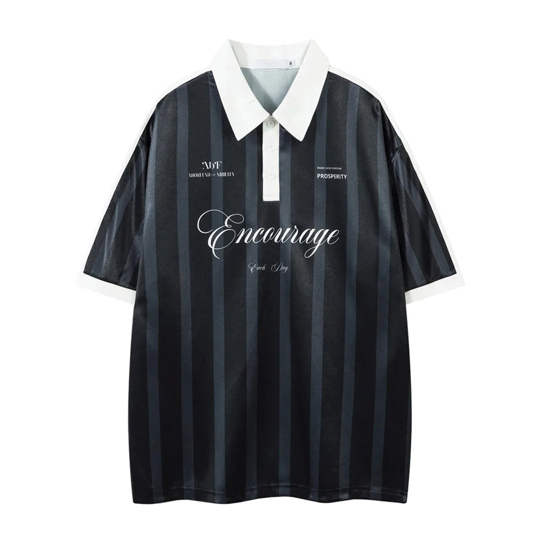 Prosper glossy knit jersey polo shirt, loose fit with retro graphic print and turn-down collar