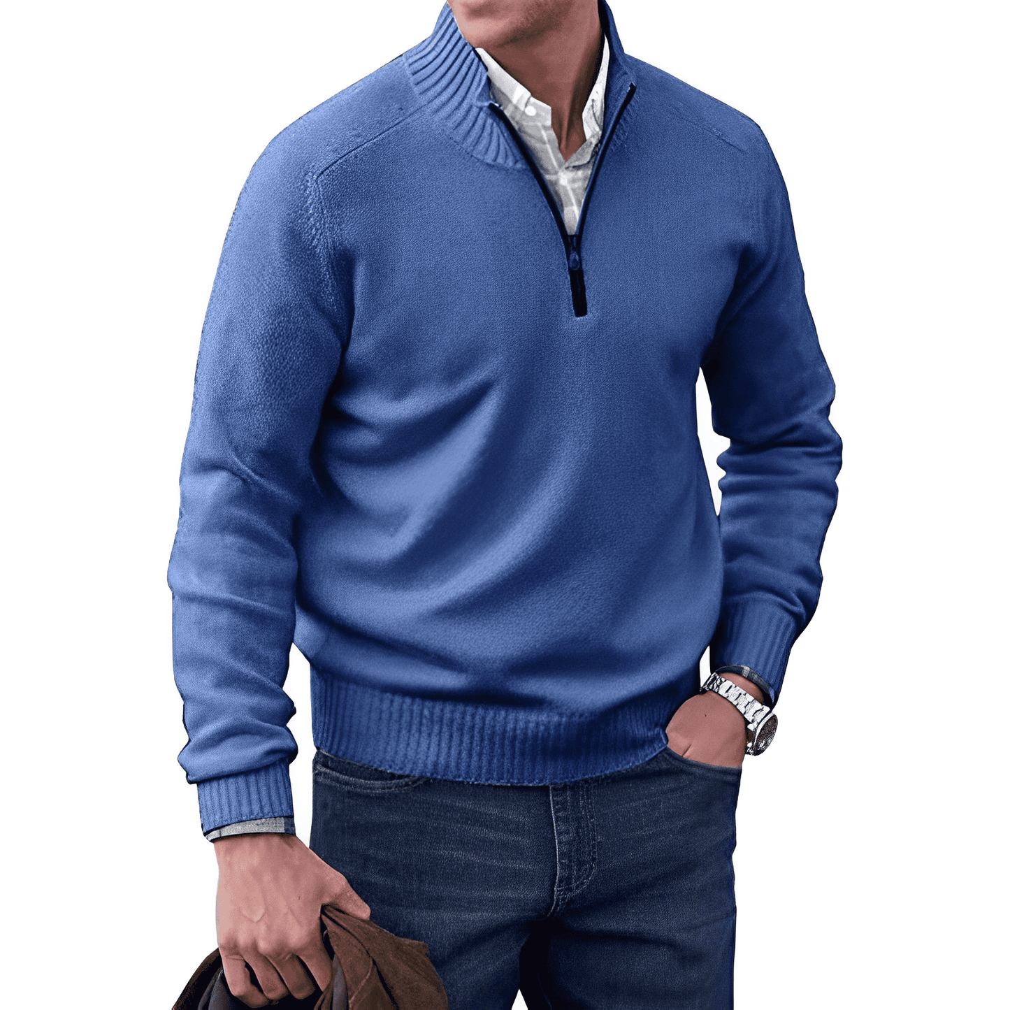 Men's grey knitted half-zip pullover jumper with soft cozy texture, ideal for smart-casual layering