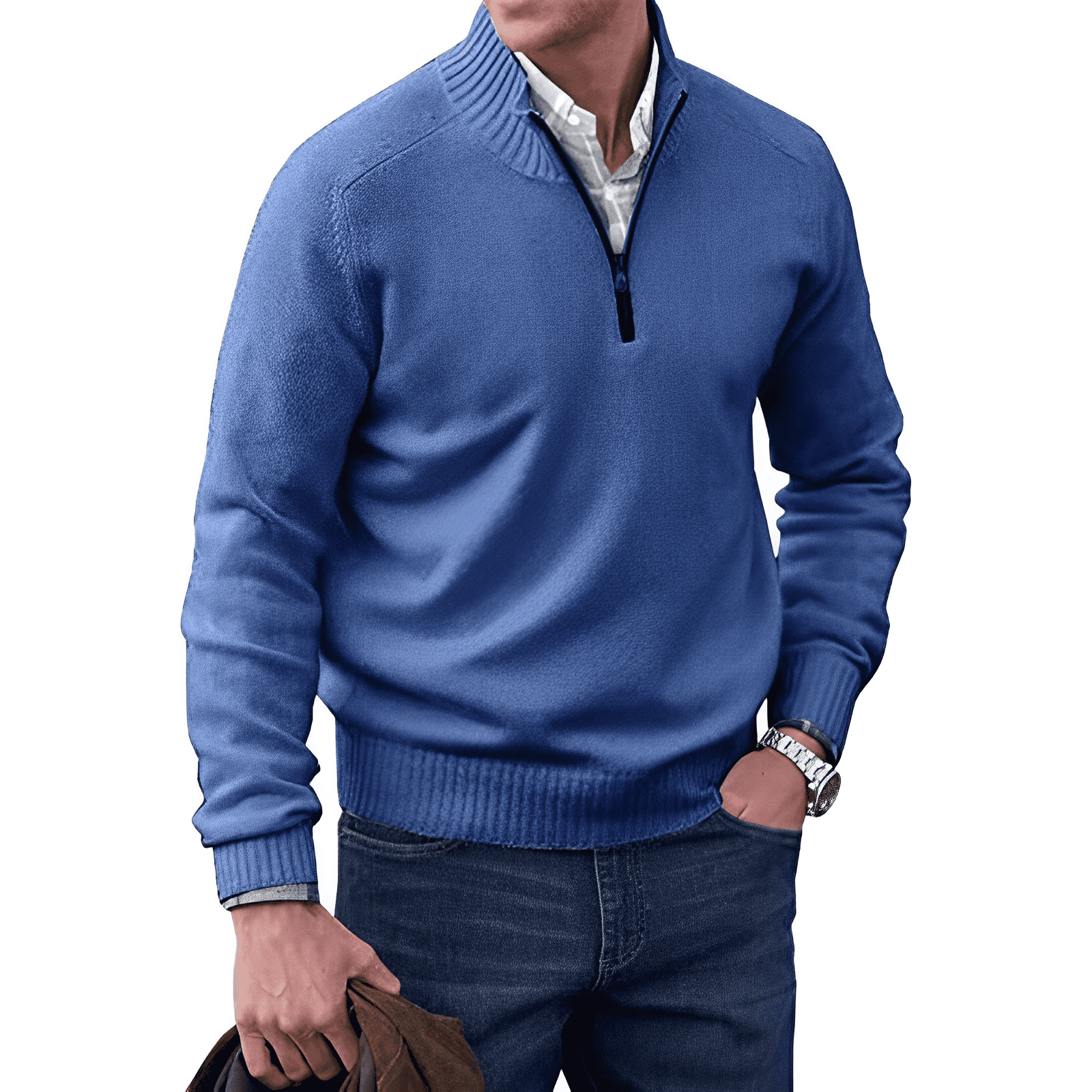Men's grey knitted half-zip pullover jumper with soft cozy texture, ideal for smart-casual layering