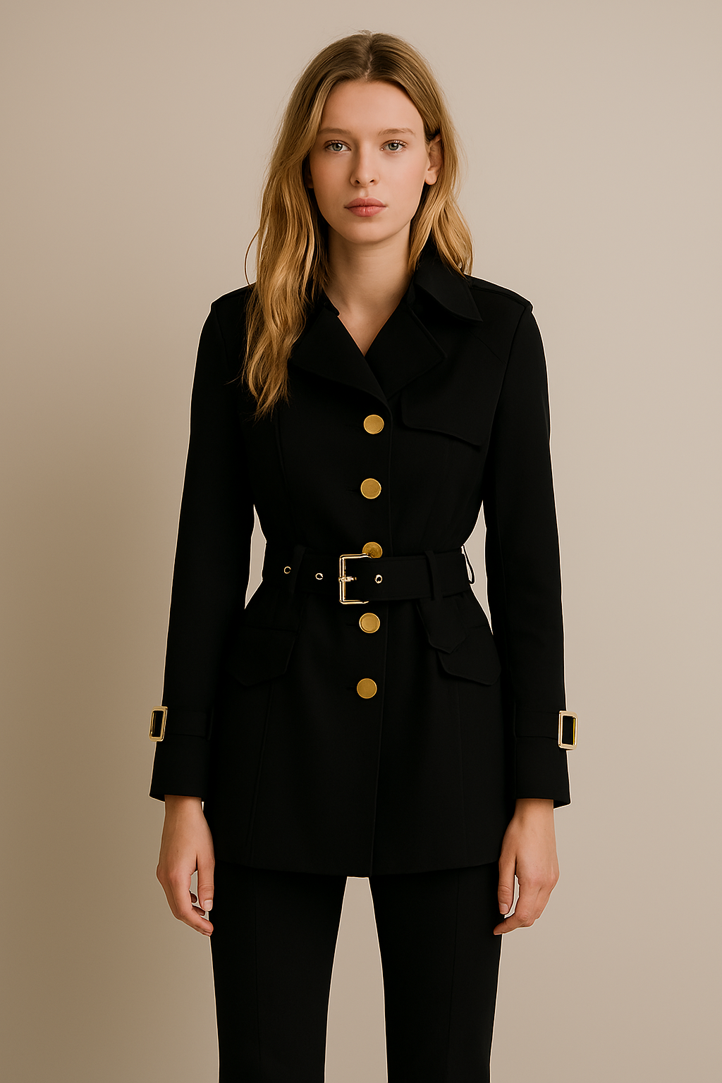 Women's short trench coat classic tailored silhouette with defined waist, polished everyday style