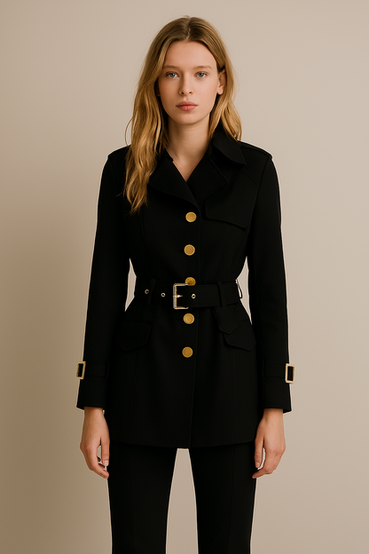 Women's short trench coat classic tailored silhouette with defined waist, polished everyday style