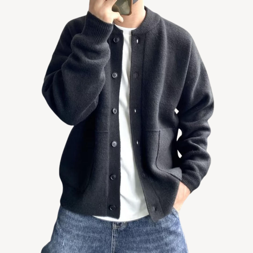 Men's relaxed fit wool blend cardigan with button closure and ribbed edges for smart everyday style