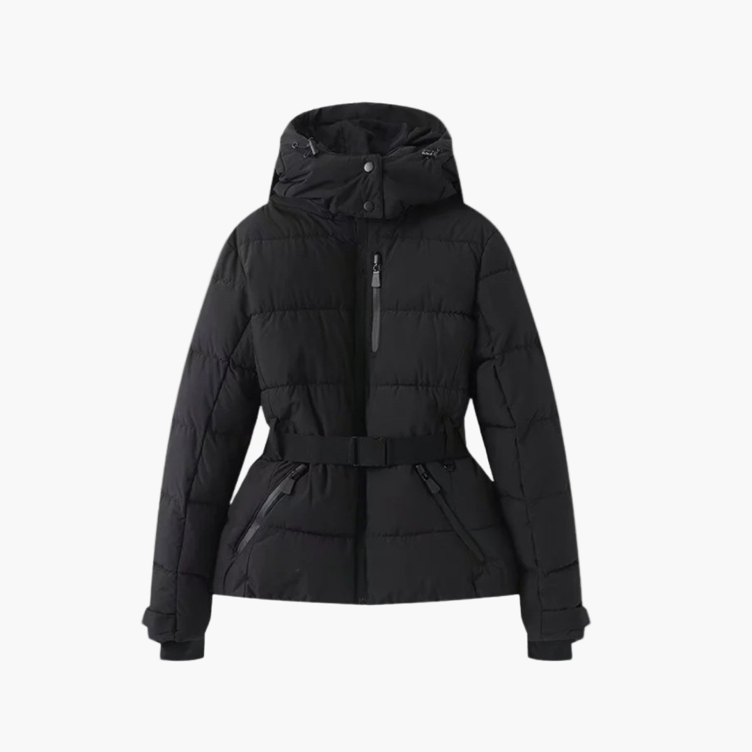Women's quilted belted hooded winter coat with cinched waist and sleek structured fit