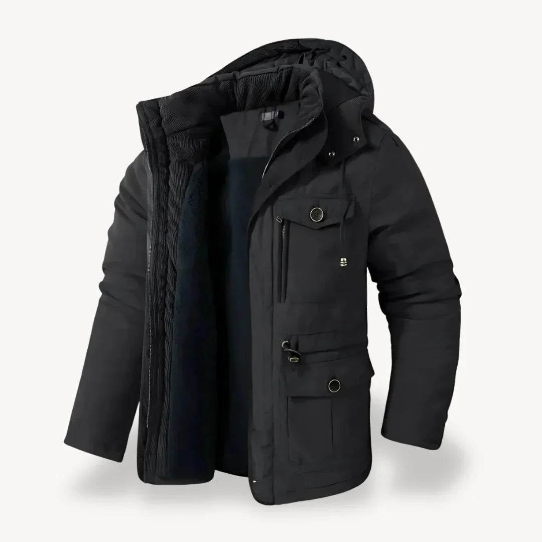 Men's heavy-duty hooded winter jacket rugged insulated outerwear windproof shell all-weather cold protection