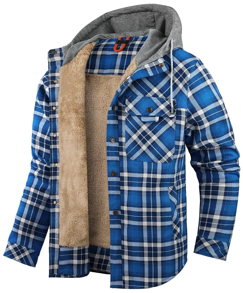 Men's plaid hoodie jacket warm fleece-lined winter coat with button-up design in rugged casual style