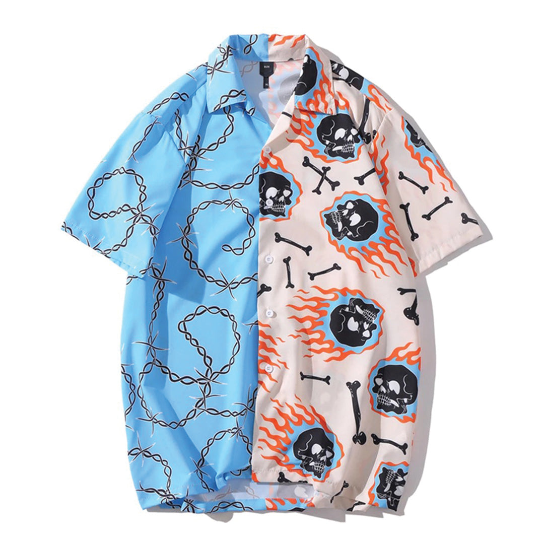 Regular fit camp collar shirt with bold flame skull and barbed wire split-panel graphic print