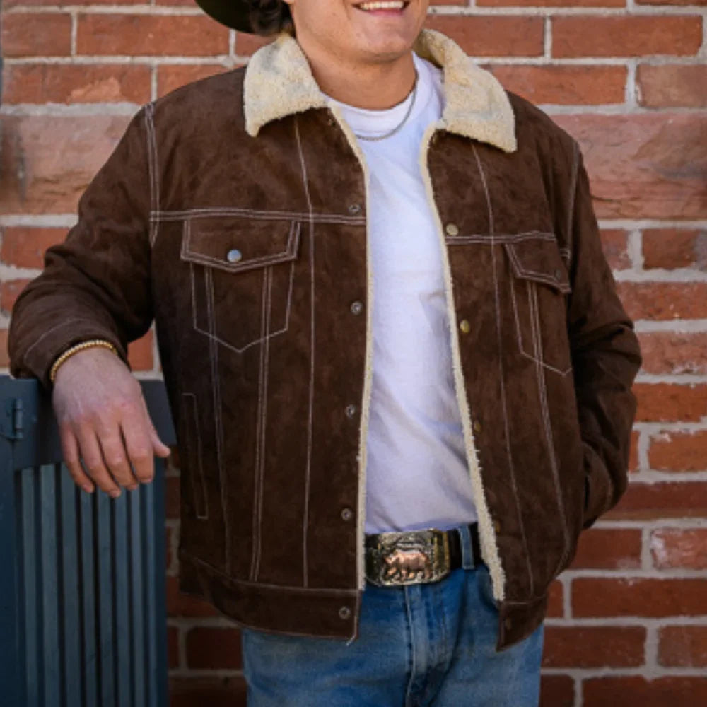 Men's brown boar suede jacket with plush Sherpa lining and collar, warm winter coat by Wavlynn