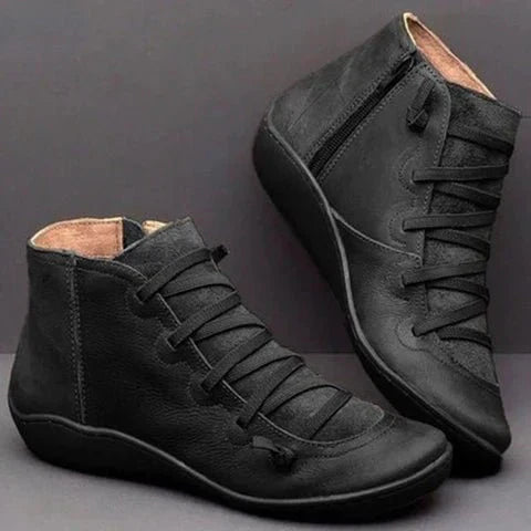 Women's black PU leather ankle boots, narrow fit with lace-up front and textured panel detailing