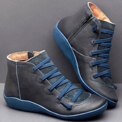 Women's black PU leather ankle boots narrow fit lace-up with distinctive textured panels