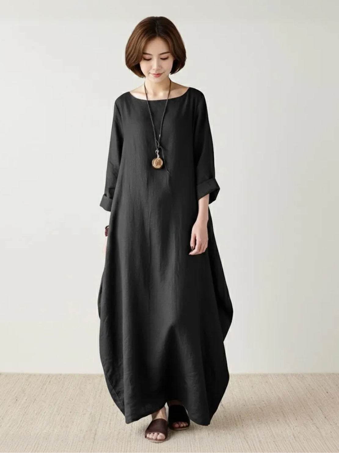 Flowy boho maxi dress women oversized 3/4 sleeves batwing cut floor-length relaxed silhouette