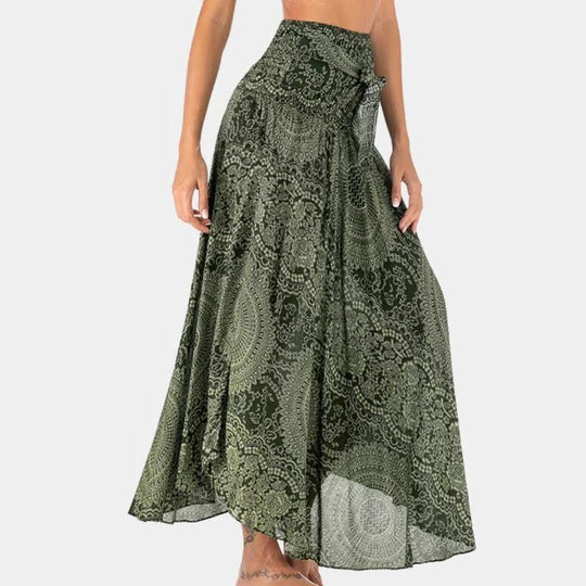 Women's bohemian maxi skirt with flowing drape, elastic pull-on waistband, and relaxed full-length silhouette