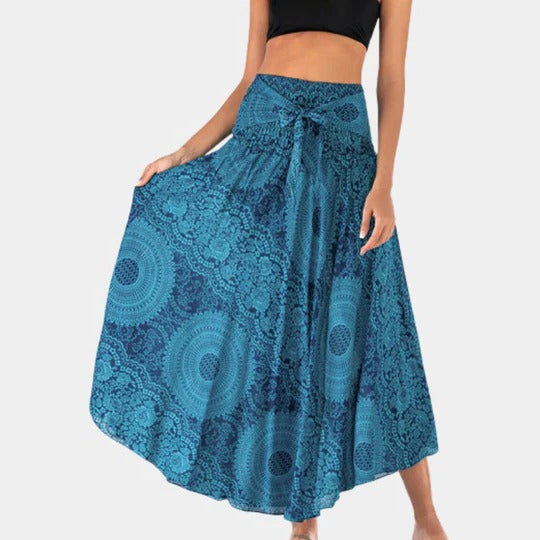 Women's bohemian maxi skirt full-length flowing drape elastic waistband relaxed silhouette