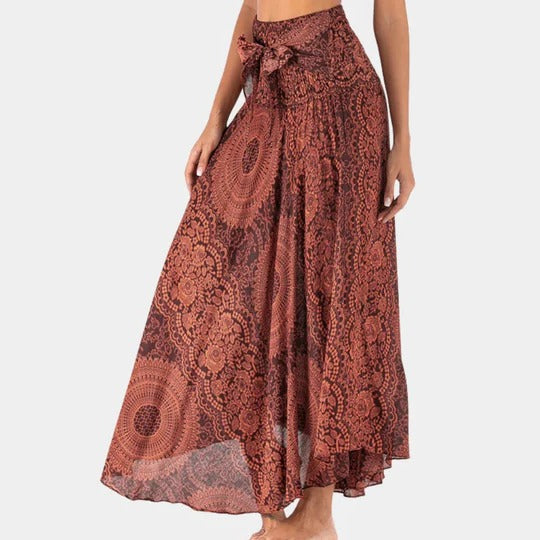 Women's bohemian maxi skirt with elastic waistband, full-length flowing drape in relaxed silhouette