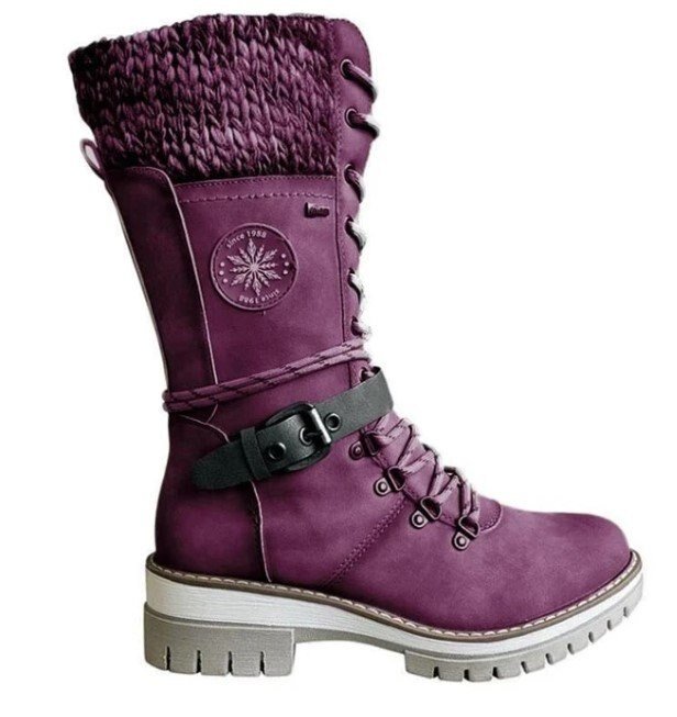 Brown lace-up winter boots with ribbed knit collar and side zipper for women